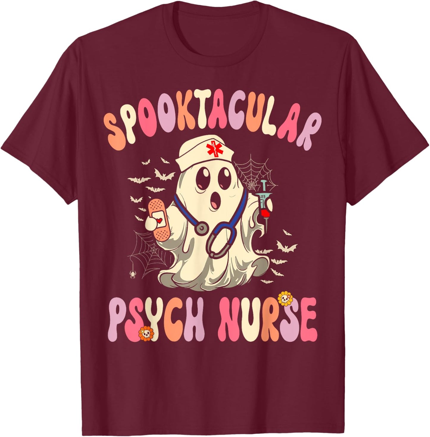 Spooktacular Psych Nurse Retro Halloween Ghost Nursing T-Shirt - T-Shirt | Maroon