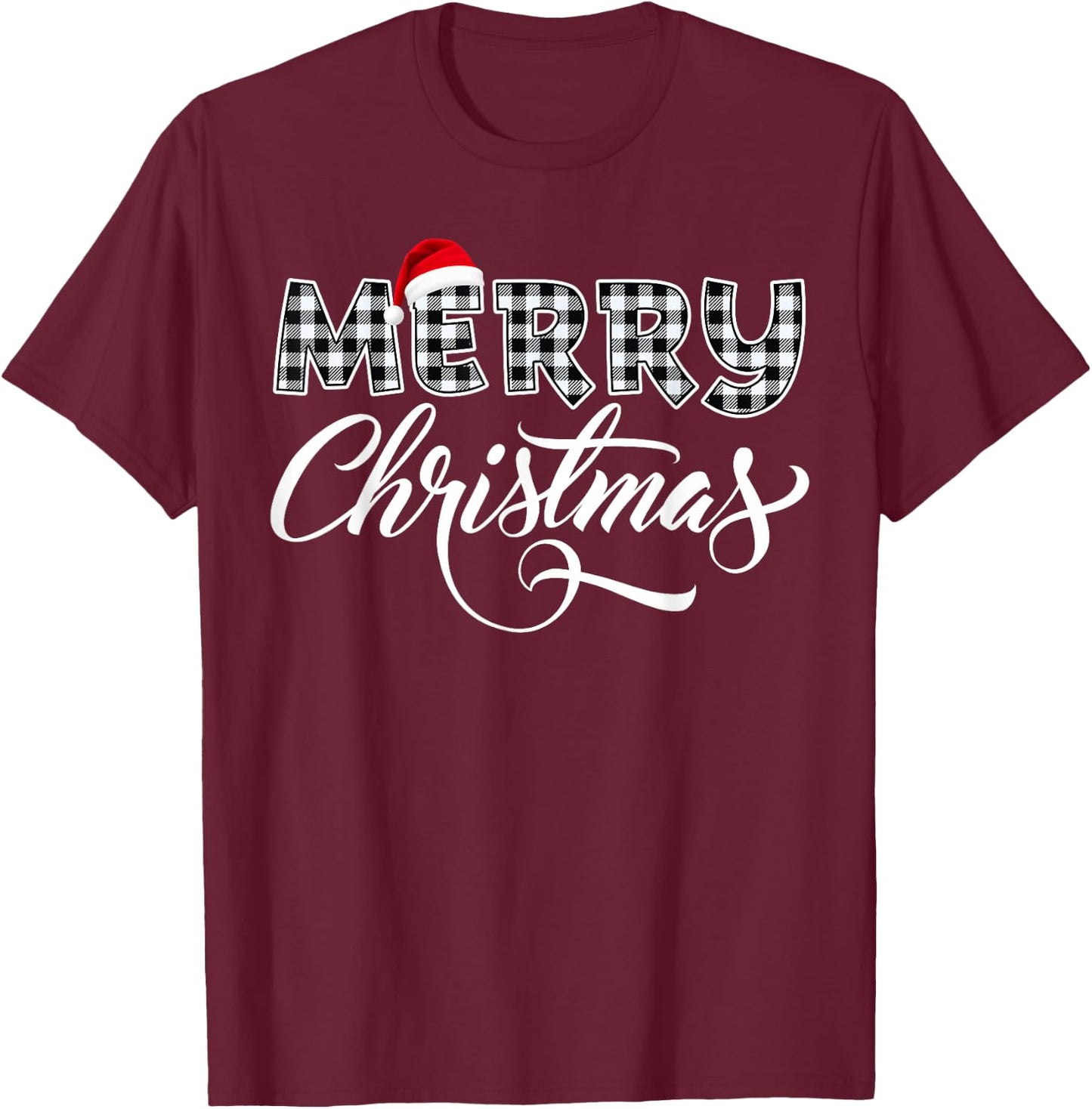 Merry Christmas Buffalo Black and White Plaid Women T-Shirt - T-Shirt | Maroon