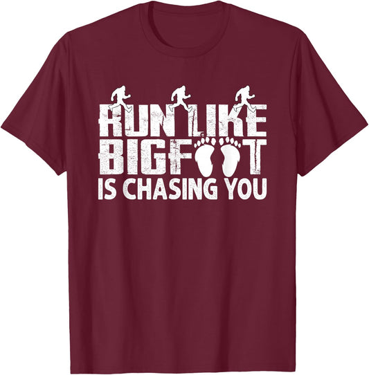 Run Like Bigfoot Is Chasing You Funny Sasquatch Running Meme T-Shirt - T-Shirt | Maroon