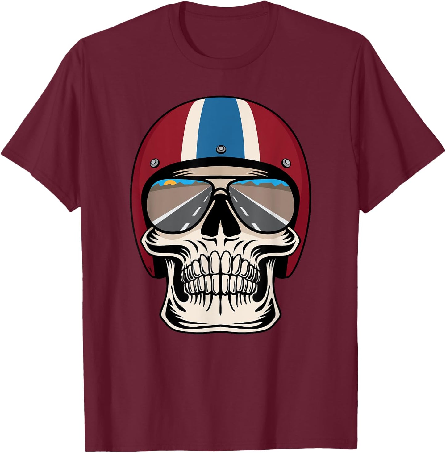 Retro Skull wearing Motorcycle Helmet and Sunglasses Design T-Shirt - T-Shirt | Maroon
