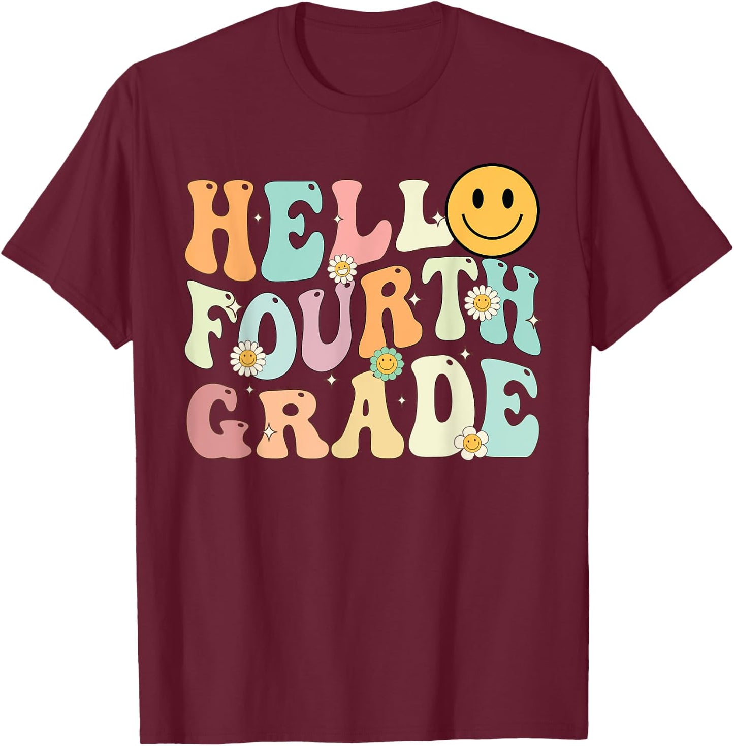 Groovy Hello 4th Fourth Grade Back To School Teacher Student T-Shirt - T-Shirt | Maroon