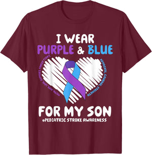 I Wear Purple & Blue For My Son Pediatric Stroke Awareness T-Shirt - T-Shirt | Maroon