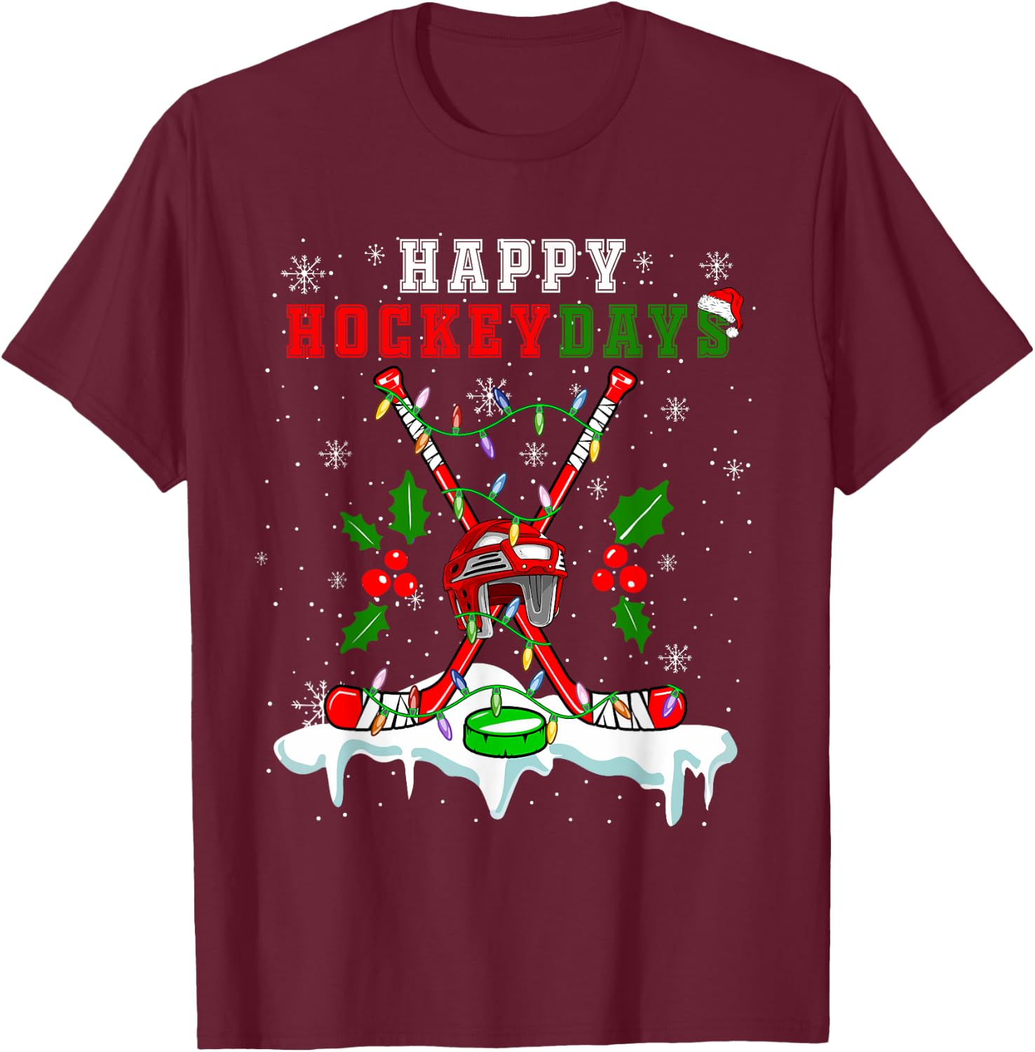 Happy Hockey Xmas Days Ice Hockey Equipment Player Family T-Shirt - T-Shirt | Maroon
