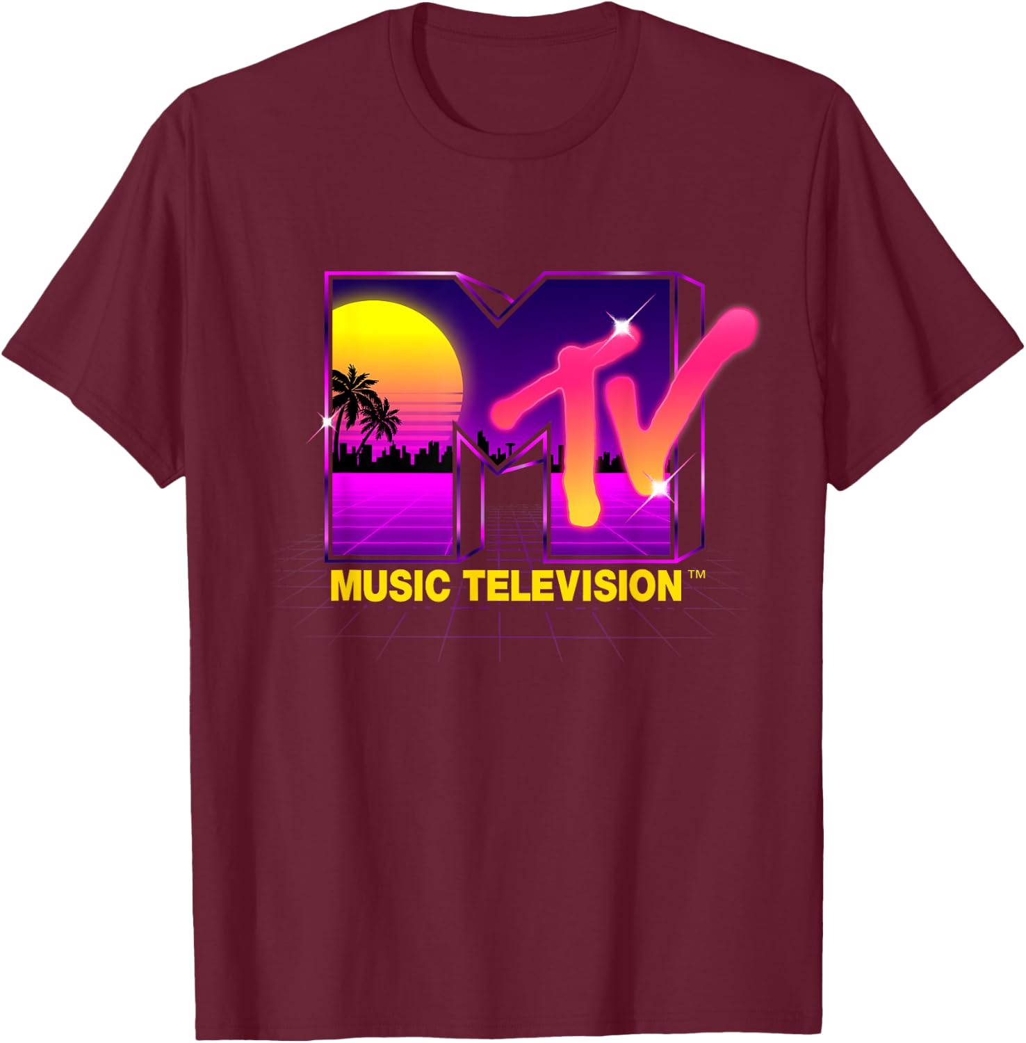 Mademark x MTV - MTV Retrowave Sunset Synthwave Cyberpunk Vaporwave 80s MTV T-Shirt - T-Shirt | Maroon