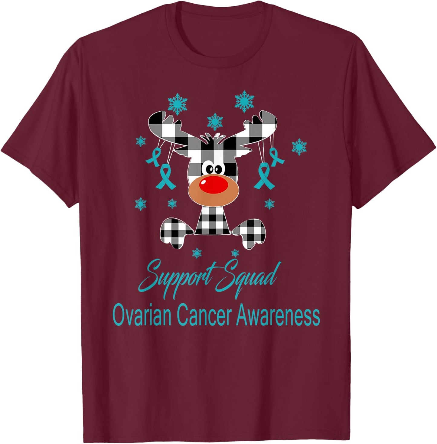 Ovarian Cancer Awareness Christmas Reindeer Teal Ribbon T-Shirt - T-Shirt | Maroon