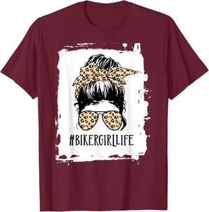 biker girl Life Messy Bun Leopard T-Shirt - T-Shirt | Maroon
