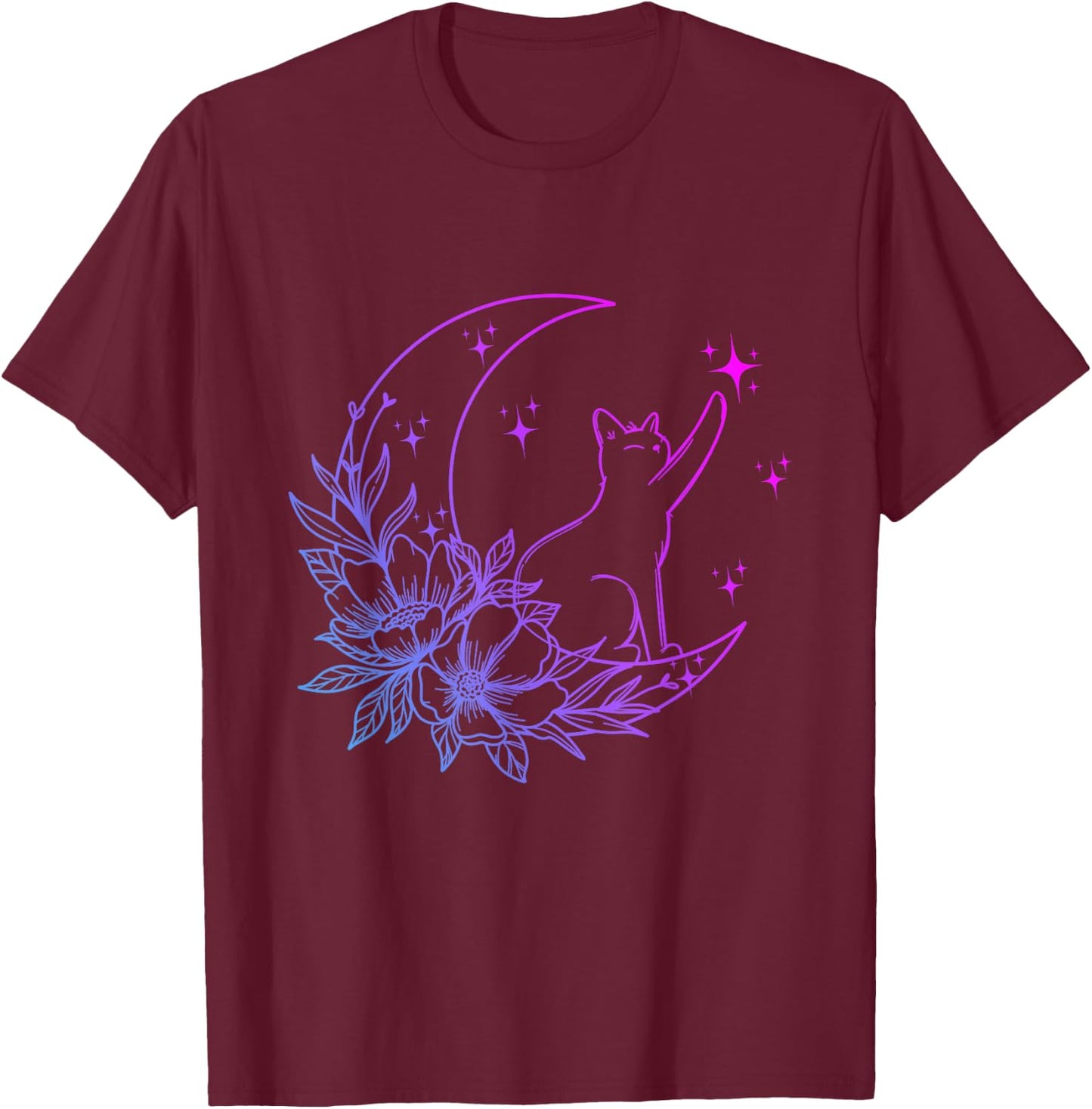 Cat Sitting On Crescent Moon Flowers Stars Women Girls Kids T-Shirt - T-Shirt | Maroon