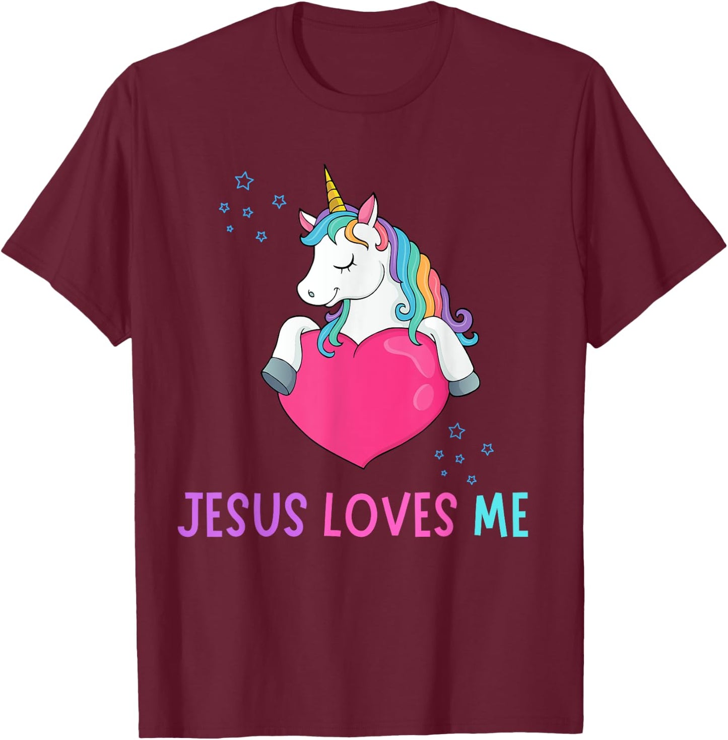 Kids Jesus Loves Me Christian Bible Girls Rainbow Unicorn T-Shirt - T-Shirt | Maroon