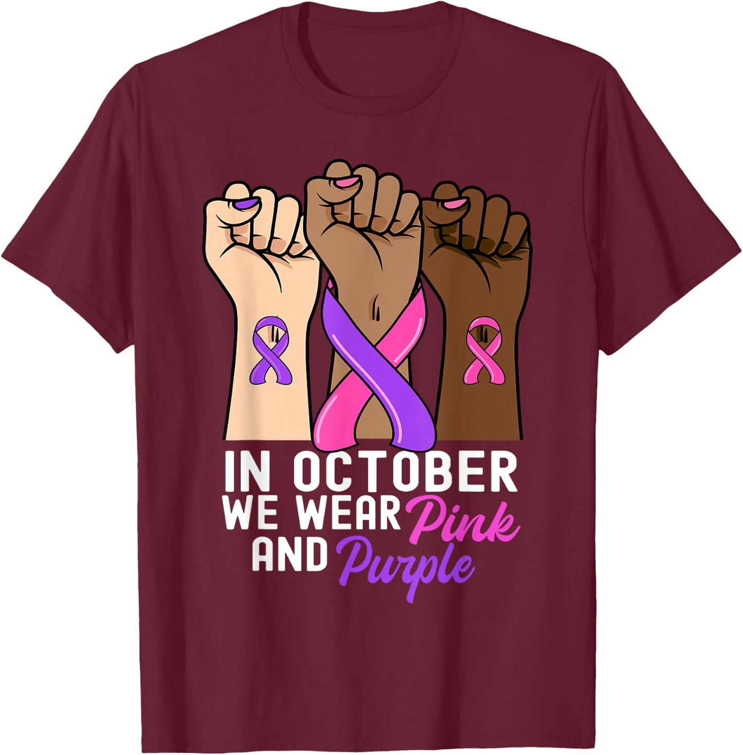 Breast Cancer Domestic Violence Awareness Pink Purple Ribbon T-Shirt - T-Shirt | Maroon
