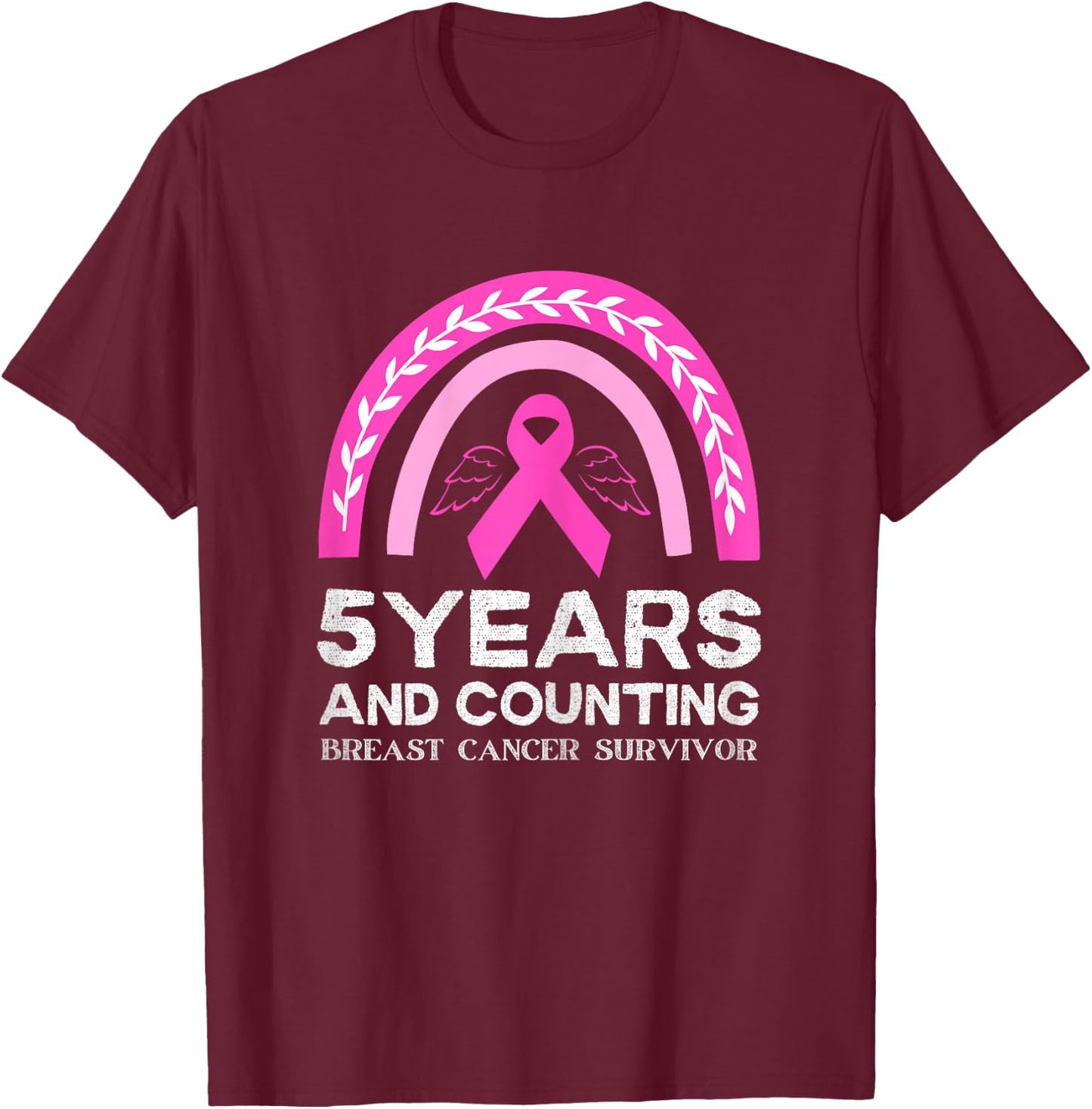 Breast Cancer Survivor 5 years Cancer Free Pink Rainbow T-Shirt - T-Shirt | Maroon