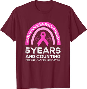 Breast Cancer Survivor 5 years Cancer Free Pink Rainbow T-Shirt - T-Shirt | Maroon