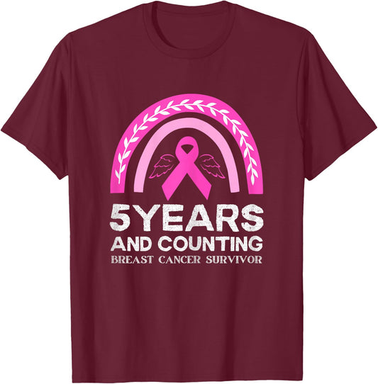 Breast Cancer Survivor 5 years Cancer Free Pink Rainbow T-Shirt - T-Shirt | Maroon