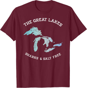 Sharks and Salt Free Great Lakes State Michigan Vacation T-Shirt - T-Shirt | Maroon