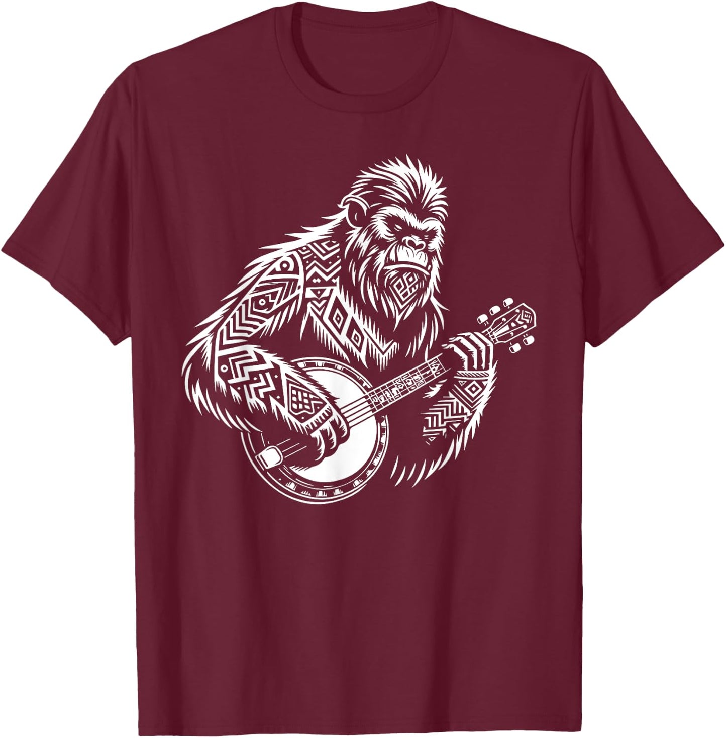 Zen Bigfoot Playing Banjo Tribal Art Music Fest Sasquatch T-Shirt - T-Shirt | Maroon