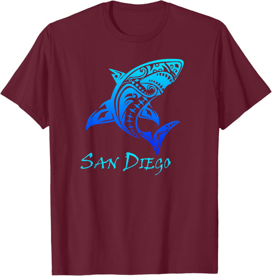 San Diego, California Vintage Vacation Tribal Shark T-Shirt - T-Shirt | Maroon