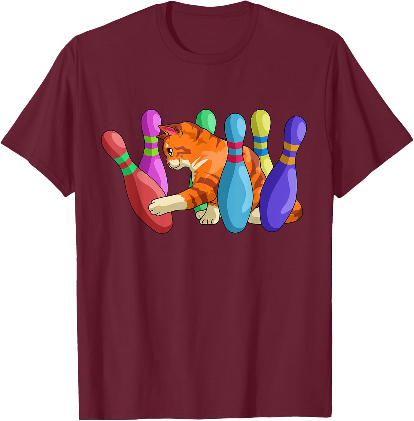 Cute Cat Knocking Over Bowling Pins Kitty Bowlers Cat Lovers Men Women Girls Kids T-Shirt - T-Shirt | Maroon