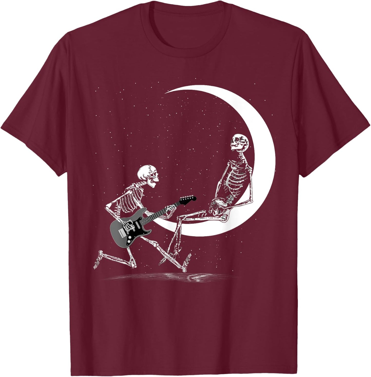 Funny Skeleton Band With Playing Guitar Moon T-Shirt - T-Shirt | Maroon