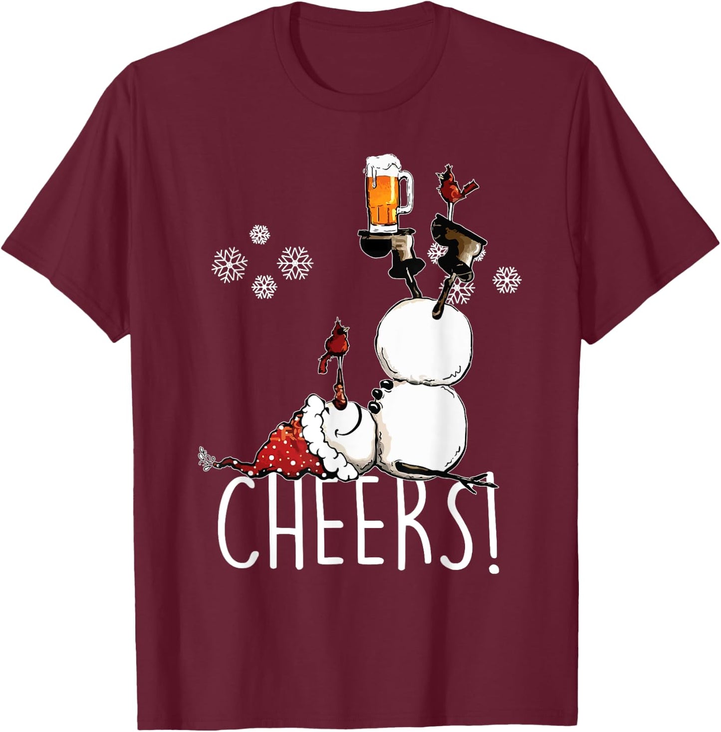 Cheers Snowman Beer and Wine Christmas T-Shirt - T-Shirt | Maroon