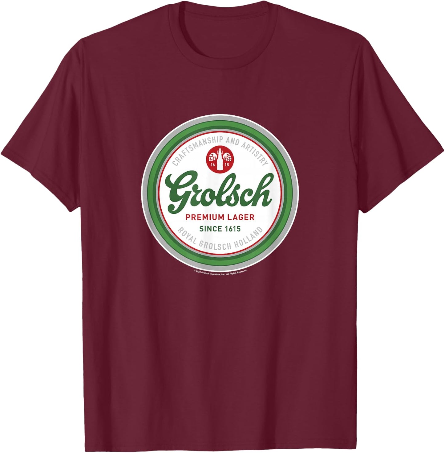 Coors Brewing Company Grolsch Premium Beer Since 1615 Badge T-Shirt - T-Shirt | Maroon