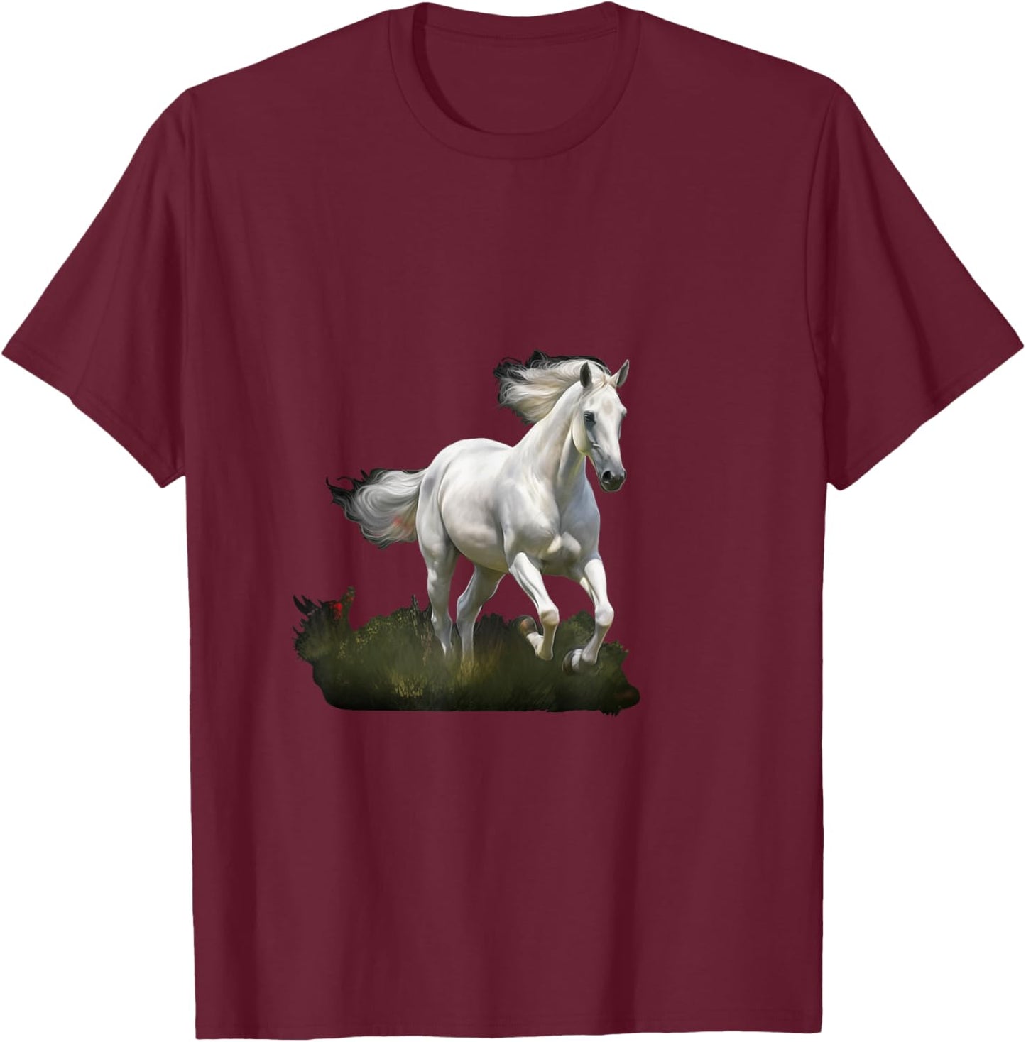 White Horse Style Realistic Painting in a Meadow T-Shirt - T-Shirt | Maroon