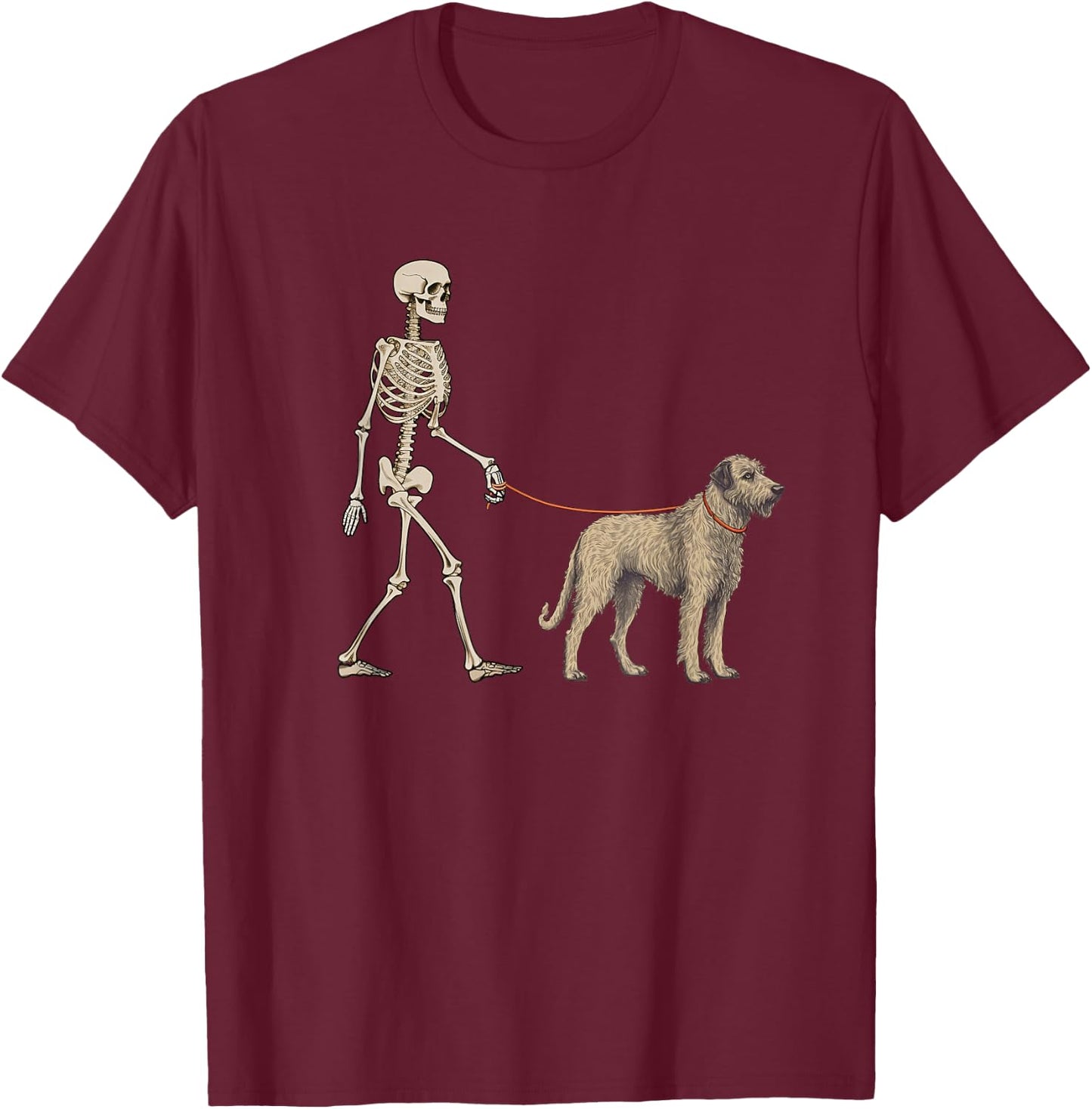 Funny Irish Wolfhound Skeleton Dog Walking Halloween Dog T-Shirt - T-Shirt | Maroon