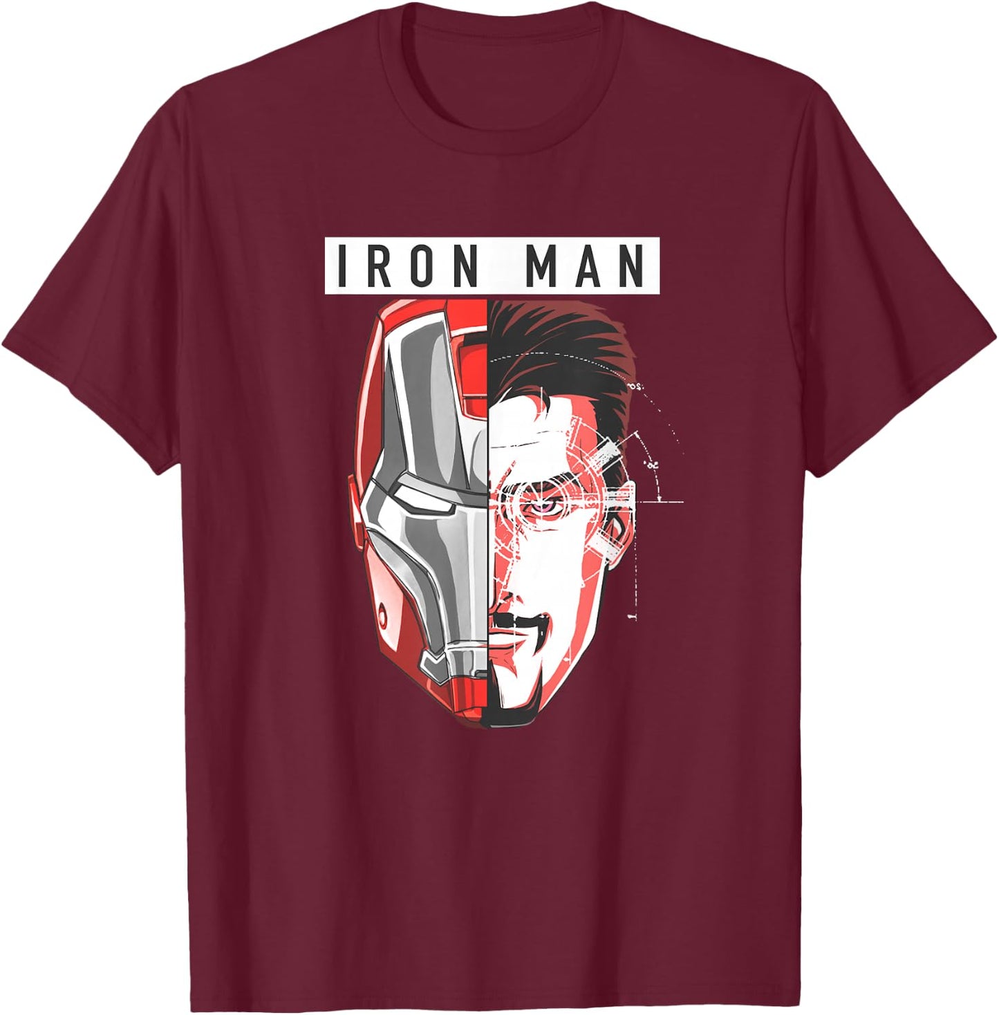 Marvel Comics Retro Classic Iron Man Tony Stark Split Face T-Shirt - T-Shirt | Maroon