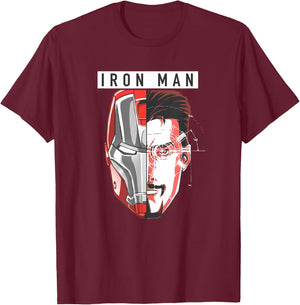 Marvel Comics Retro Classic Iron Man Tony Stark Split Face T-Shirt - T-Shirt | Maroon