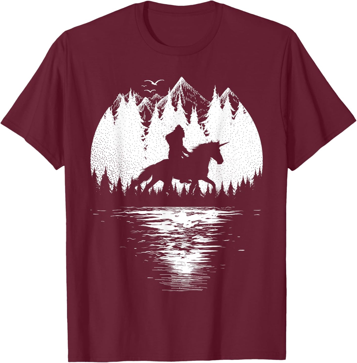 Bigfoot Riding Unicorn amidst Trees! Funny Sasquatch Unicorn T-Shirt - T-Shirt | Maroon