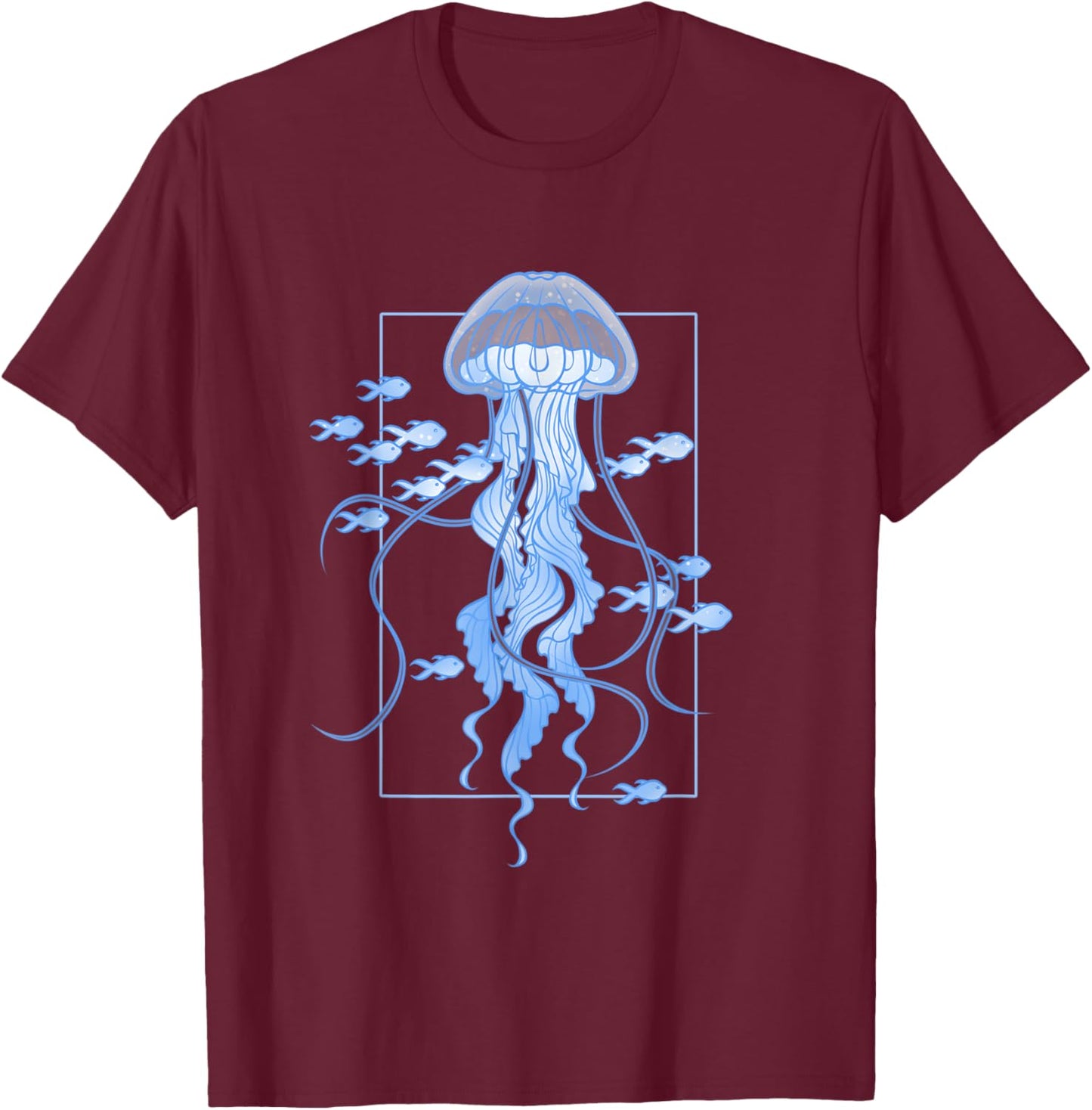 Jellyfish and Fishes Graphic in Sea T-Shirt - T-Shirt | Maroon