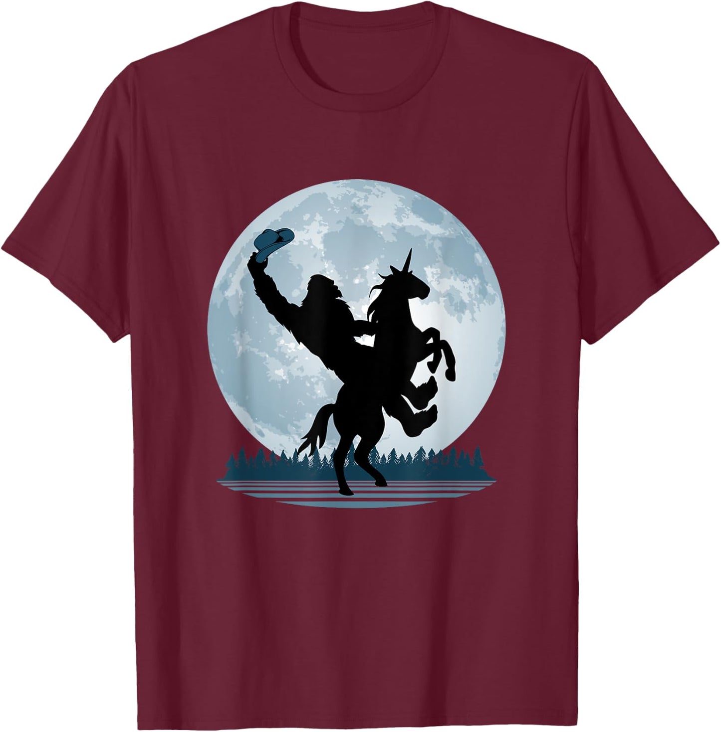 Cowboy Bigfoot on a Unicorn - Sasquatch Full Moon Forest T-Shirt - T-Shirt | Maroon