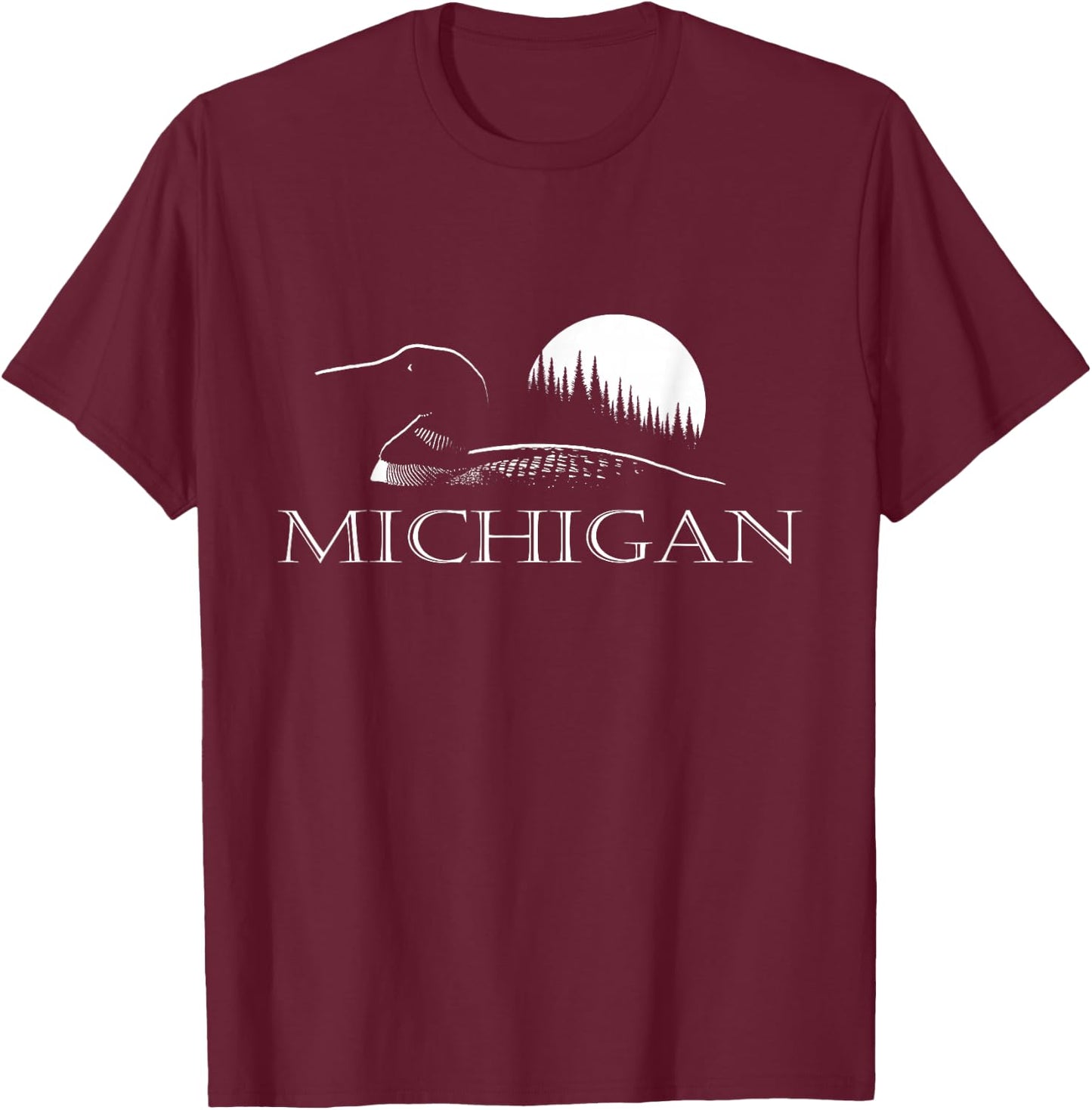 Michigan - Loon and Trees in Moonlight T-Shirt - T-Shirt | Maroon