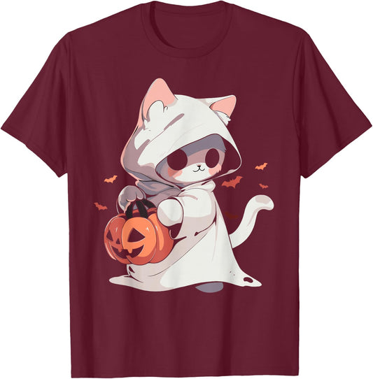 Cat Ghost Kawaii Neko Anime Halloween Costume Pumpkin Lover T-Shirt - T-Shirt | Maroon