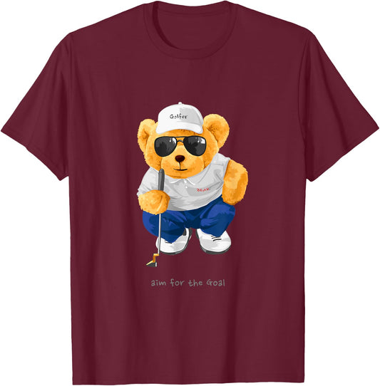 Cool Wild Teddy Bear Playing Golf Style Illustration Graphic T-Shirt - T-Shirt | Maroon