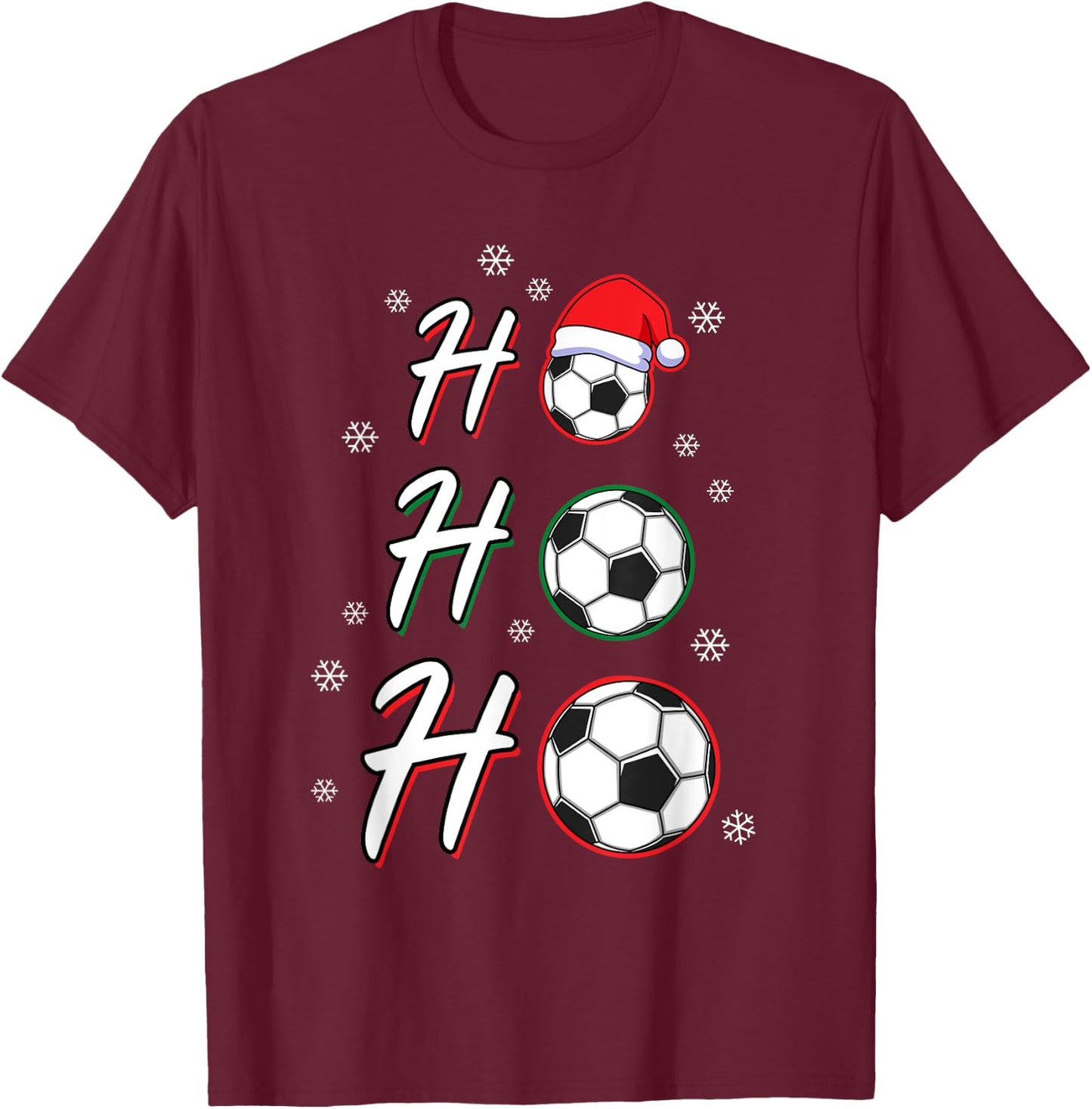 Ho Ho Ho Soccer Ball Wearing Santa Hat Soccer Christmas T-Shirt - T-Shirt | Maroon