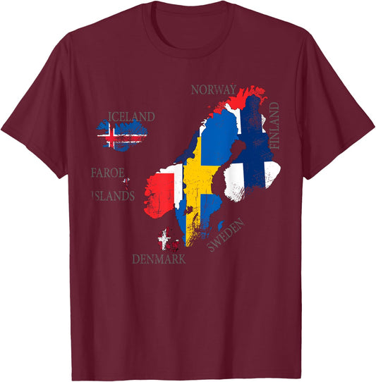 Vintage Scandinavia flag , Maps of Nordic countries T-Shirt - T-Shirt | Maroon