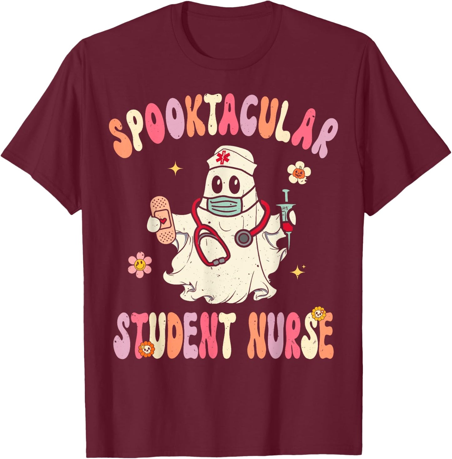 Spooktacular Student Nurse Retro Halloween Ghost Nursing T-Shirt - T-Shirt | Maroon