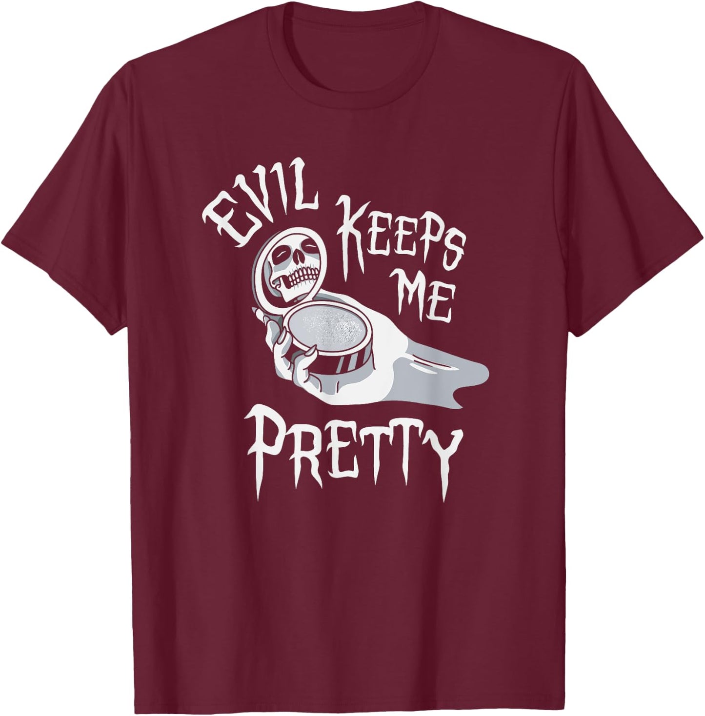 Evil Keeps Me Pretty Cosmetic Makeup Compact Skeleton Skull T-Shirt - T-Shirt | Maroon
