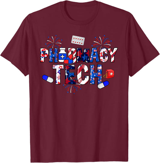 Pharmacy Tech Stethoscope USA Flag Patriotic 4th Of July Men T-Shirt - T-Shirt | Maroon