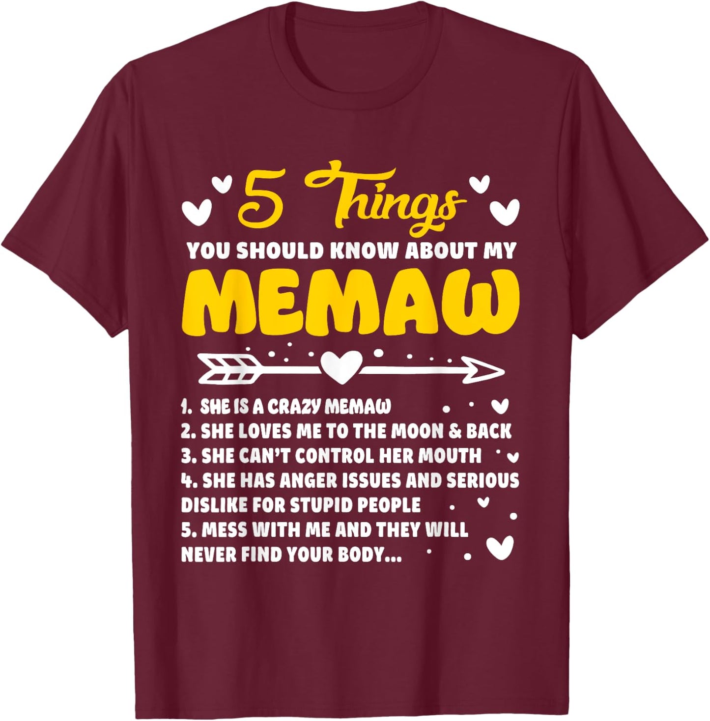5 Things You Should Know About My Memaw Funny Grandma T-Shirt - T-Shirt | Maroon