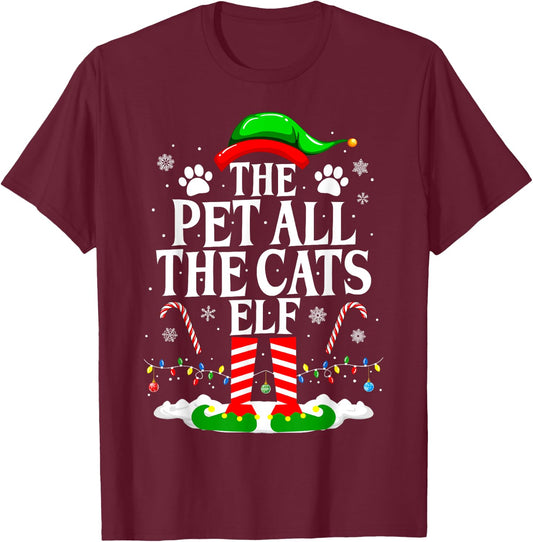 The Pet All The Cats Elf Xmas Funny Cat lover Christmas T-Shirt - T-Shirt | Maroon