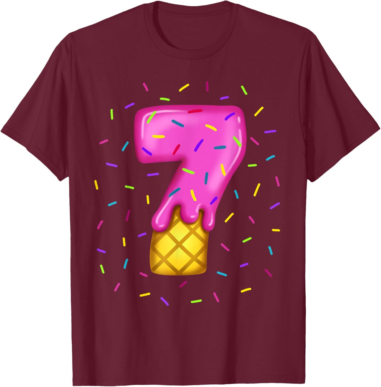 Pink Melting Ice cream Number 7 th birthday sweets sprinkles T-Shirt - T-Shirt | Maroon