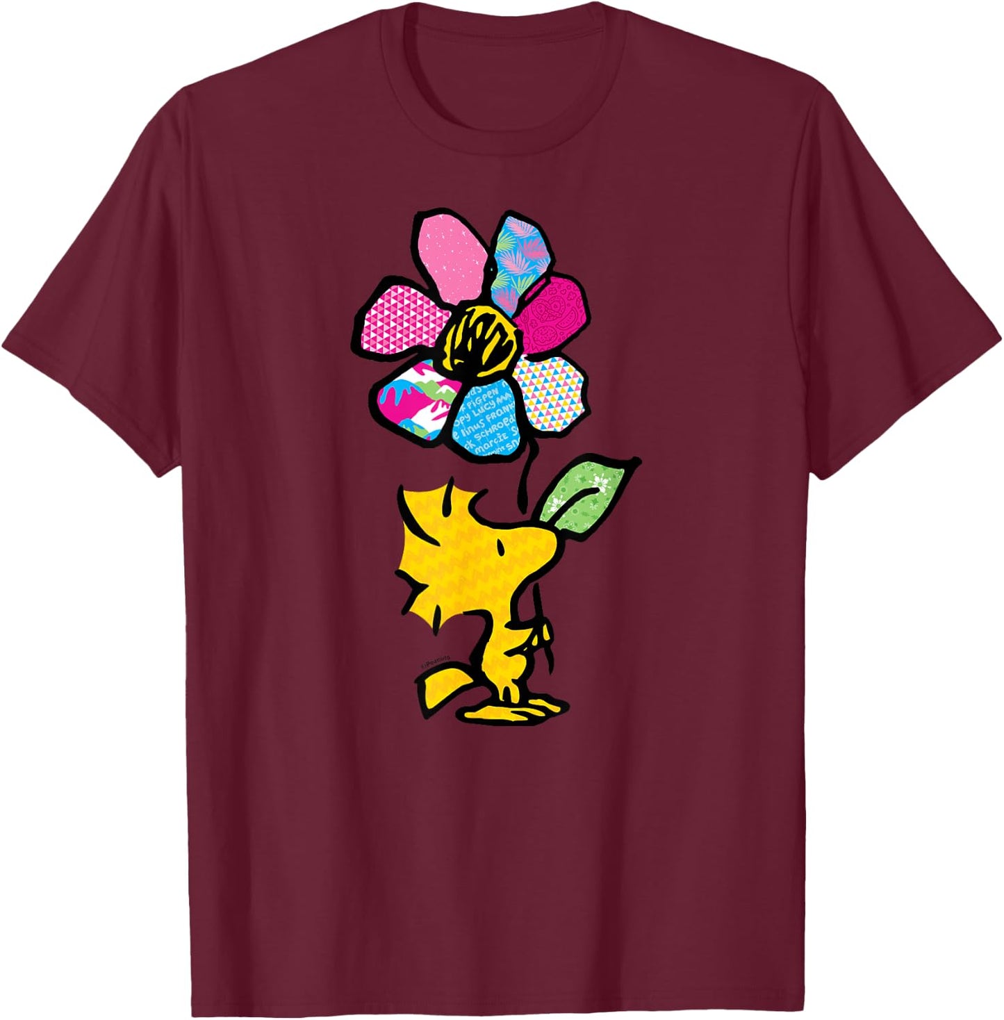 Peanuts - Woodstock with Flower and Pattern T-Shirt - T-Shirt | Maroon