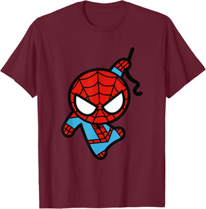 Marvel Kawaii Chibi Spider-Man Cute Swinging Action T-Shirt - T-Shirt | Maroon