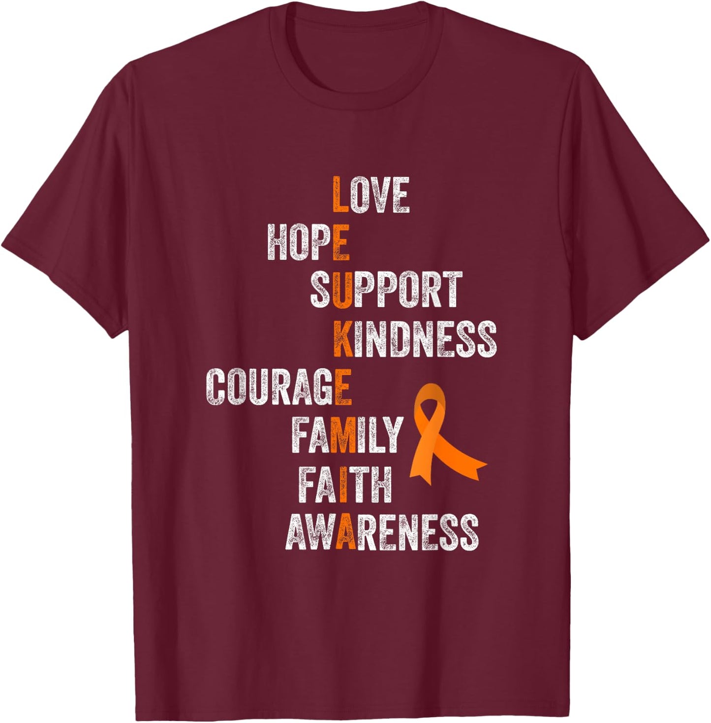 Orange Ribbon Sign Retro Vintage Aml Leukemia Awareness T-Shirt - T-Shirt | Maroon
