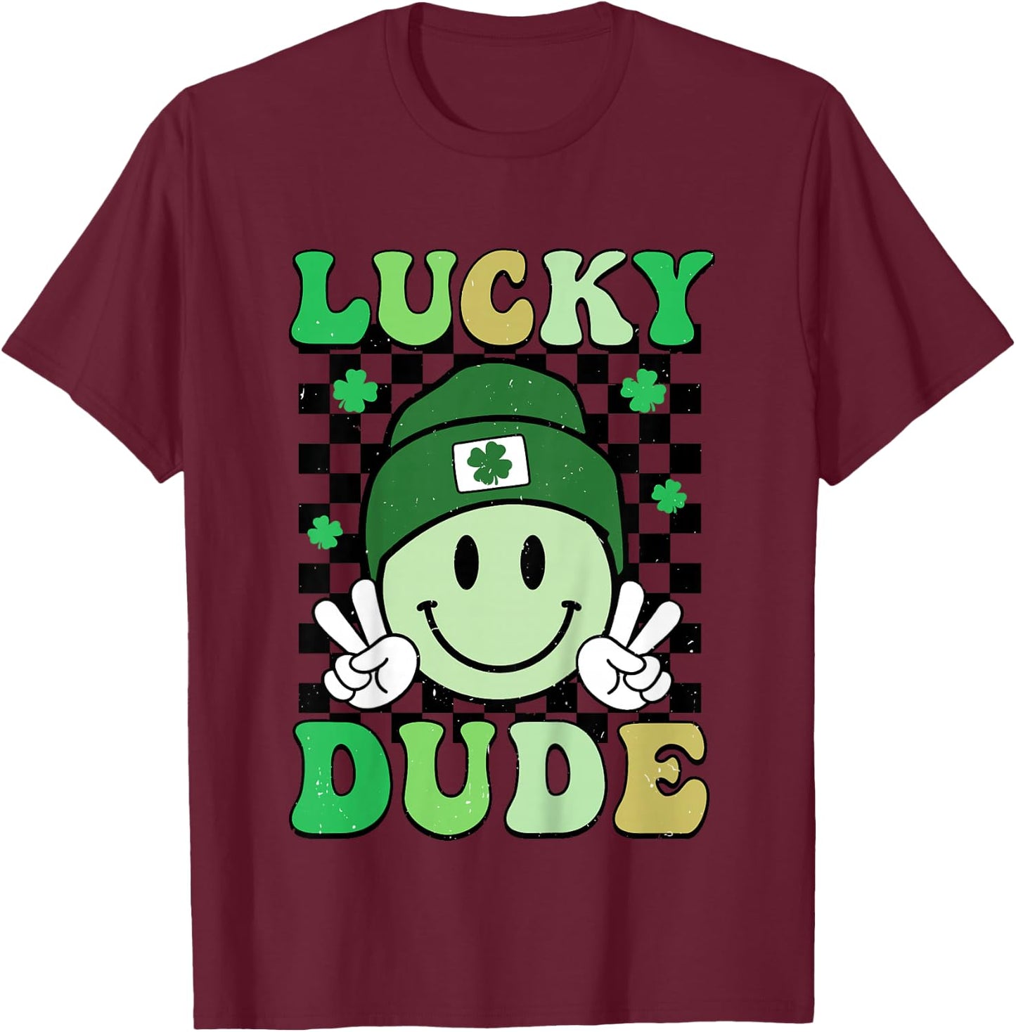 Kids Groovy Lucky Dude Shamrock Smile Boys Kids St. Patrick's Day T-Shirt - T-Shirt | Maroon