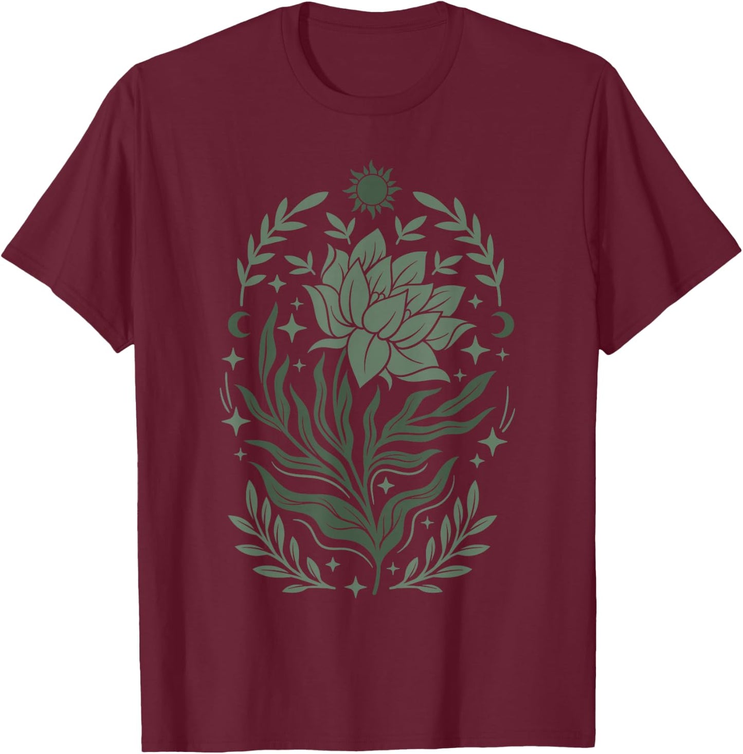 Sage & Green Flowers Sun Crescent Moon Boho Floral Celestial T-Shirt - T-Shirt | Maroon