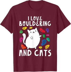 Rock Climbing Holds Climber Cute I Love Bouldering and Cats T-Shirt - T-Shirt | Maroon