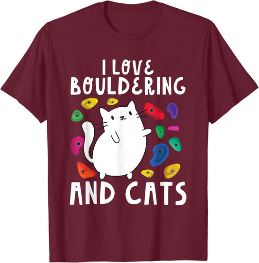 Rock Climbing Holds Climber Cute I Love Bouldering and Cats T-Shirt - T-Shirt | Maroon