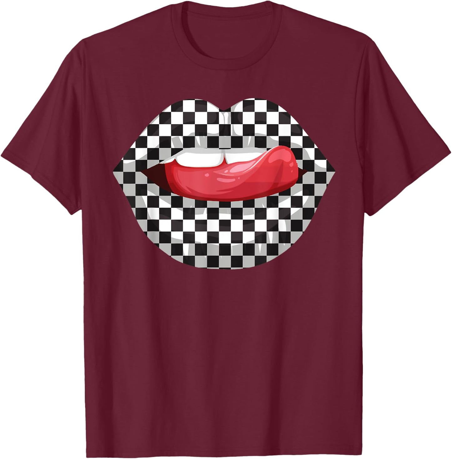 Cute Checkered Art Women Checkerboard Checkered Lips T-Shirt - T-Shirt | Maroon