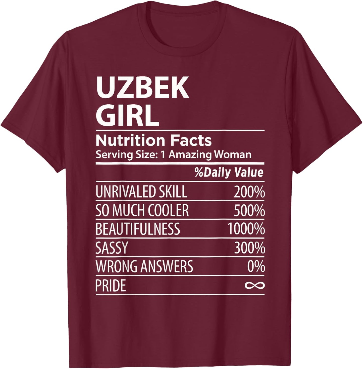 Uzbek Girl Nutrition Facts Funny Uzbekistan T-Shirt - T-Shirt | Maroon